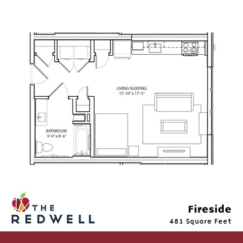 Floor plan for studio, 1 bath, 481 sqft